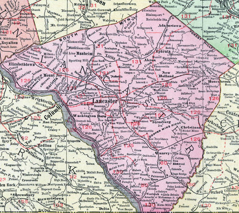 Lancaster County, Pennsylvania 1911 Map by Rand McNally, Elizabethtown, Lititz, Ephrata, New Holland, Christiana, Quarryville, Manheim, Mount Joy, Elizabethtown, Strasburg, Akron, Adamstown, PA