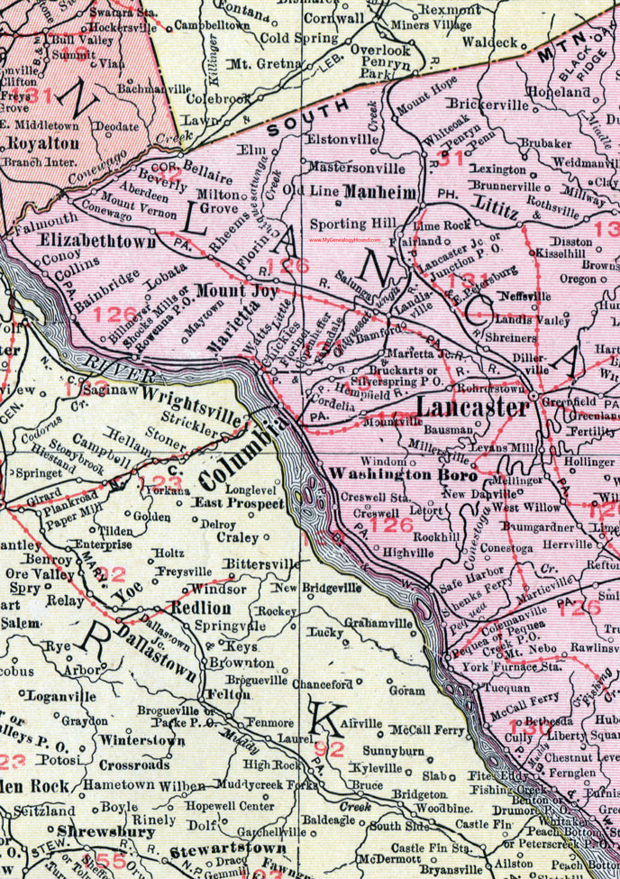 Western Lancaster County, Pennsylvania on an 1911 map by Rand McNally.