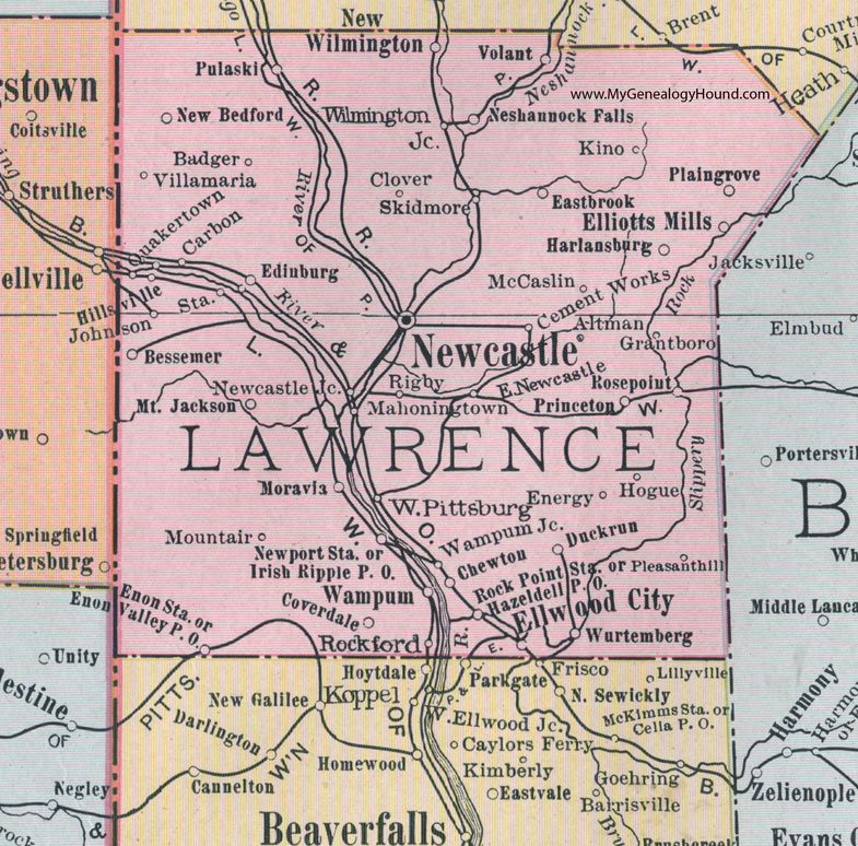 Lawrence County, Pennsylvania 1911 Map by Rand McNally, New Castle, Ellwood City, Wampum, New Wilmington, Elliotts Mills, Ellwood City, Enon Valley, Bessemer, Volant, Pulaski, Edinburg, Mahoningtown, PA