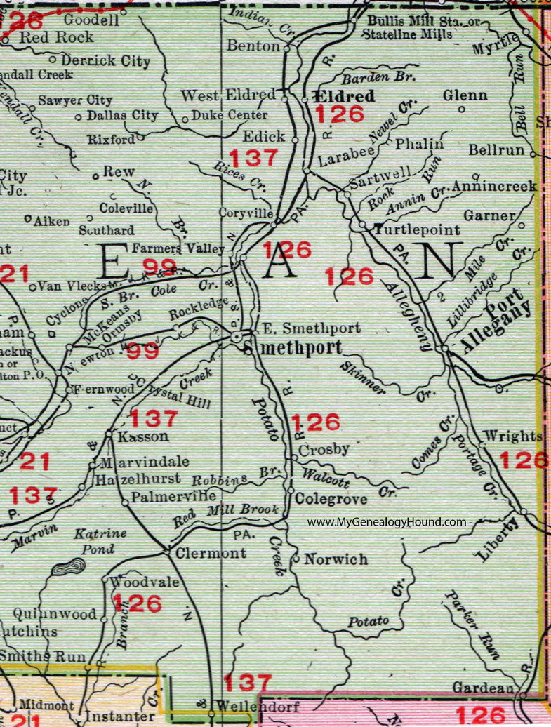 Eastern McKean County, Pennsylvania on an 1911 map by Rand McNally.