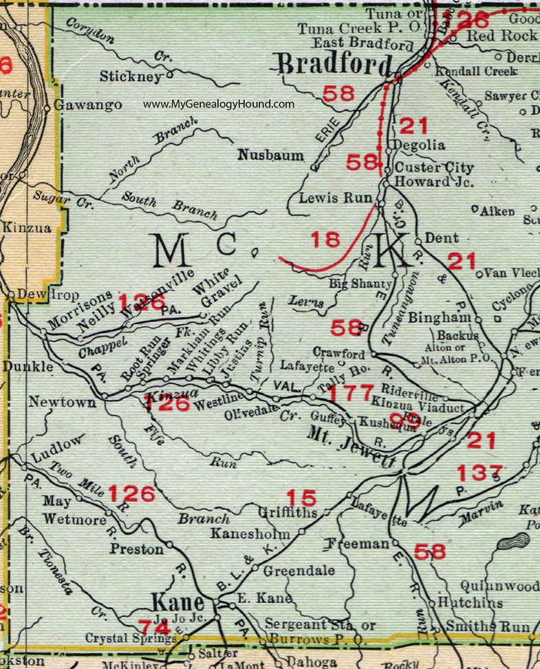 Western McKean County, Pennsylvania on an 1911 map by Rand McNally.