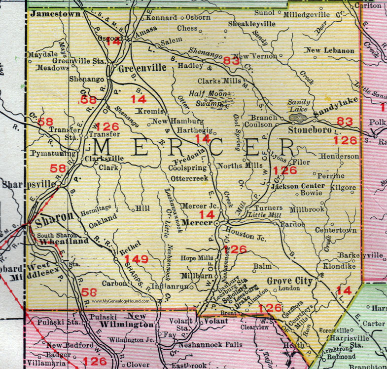 Mercer County, Pennsylvania 1911 Map by Rand McNally, Sharon, Greenville, Grove City, Sandy Lake, Stoneboro, Fredonia, Sheakleyville, Hadley, Clarks Mills, Carlton, West Middlesex, Wheatland, Sharpsville, Jamestown, PA