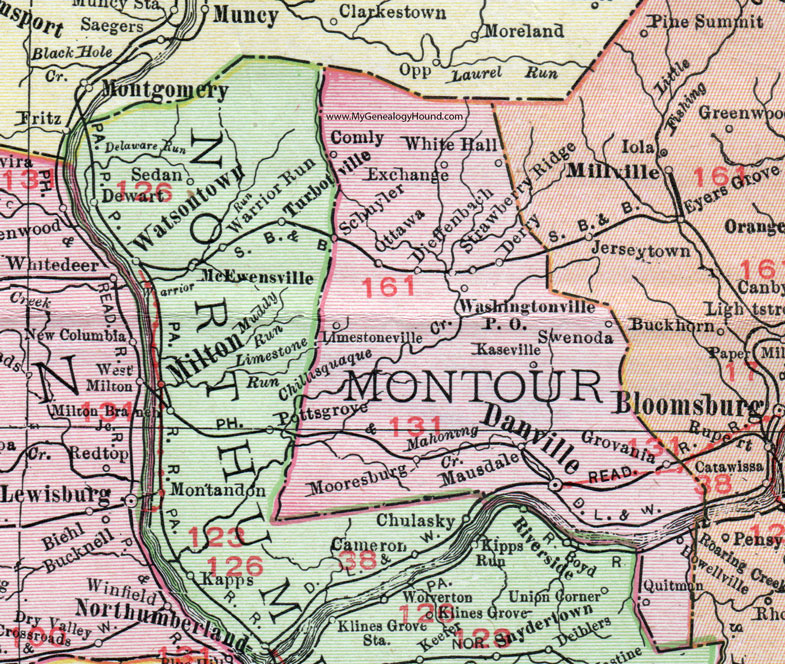 Montour County, Pennsylvania 1911 Map by Rand McNally, Danville, Mausdale, Washingtonville, Dieffenbach, Comly, Swenoda, Grovania, Mooresburg, Kaseville, Derry, Schuyler, Ottawa, White Hall, PA