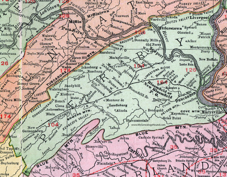 Perry County, Pennsylvania 1911 Map by Rand McNally, New Bloomfield, Millerstown, Marysville, Blain, Landisburg, Liverpool, Duncannon, Newport, New Buffalo, Elliottsburg, Ickesburg, Shermans Dale, Neilson, PA