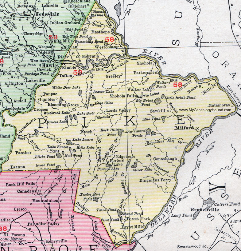 Pike County, Pennsylvania 1911 Map by Rand McNally, Milford, Matamoras, Dingmans Ferry, Bushkill, Rowland, Shohola, Lackawaxen, Tafton, Greentown, Westcolang, Greeley, Panther, PA