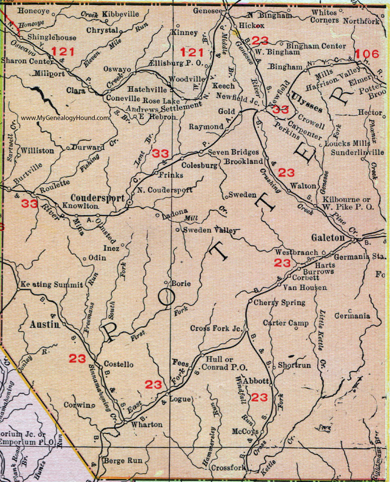 Potter County, Pennsylvania 1911 Map by Rand McNally, Coudersport, Ulysses, Austin, Galeton, Roulette, Genesee, Gold, Mills, Harrison Valley, Cross Fork, Wharton, Loucks Mills, Seven Bridges, Cherry Springs, PA