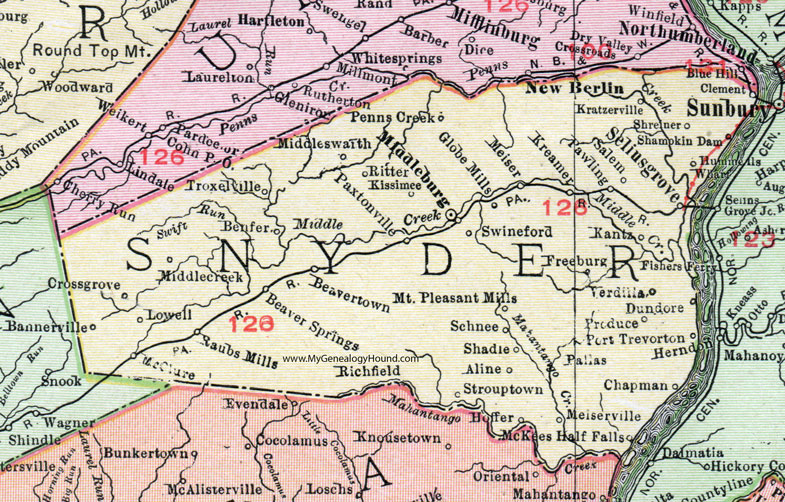 Snyder County, Pennsylvania 1911 Map by Rand McNally, Middleburg, McClure, Selinsgrove, Kreamer, Freeburg, Mt. Pleasant Mills, Paxtonville, Port Trevorton, Shamokin Dam, Kratzerville, Troxelville, Beavertown, Beaver Springs, PA