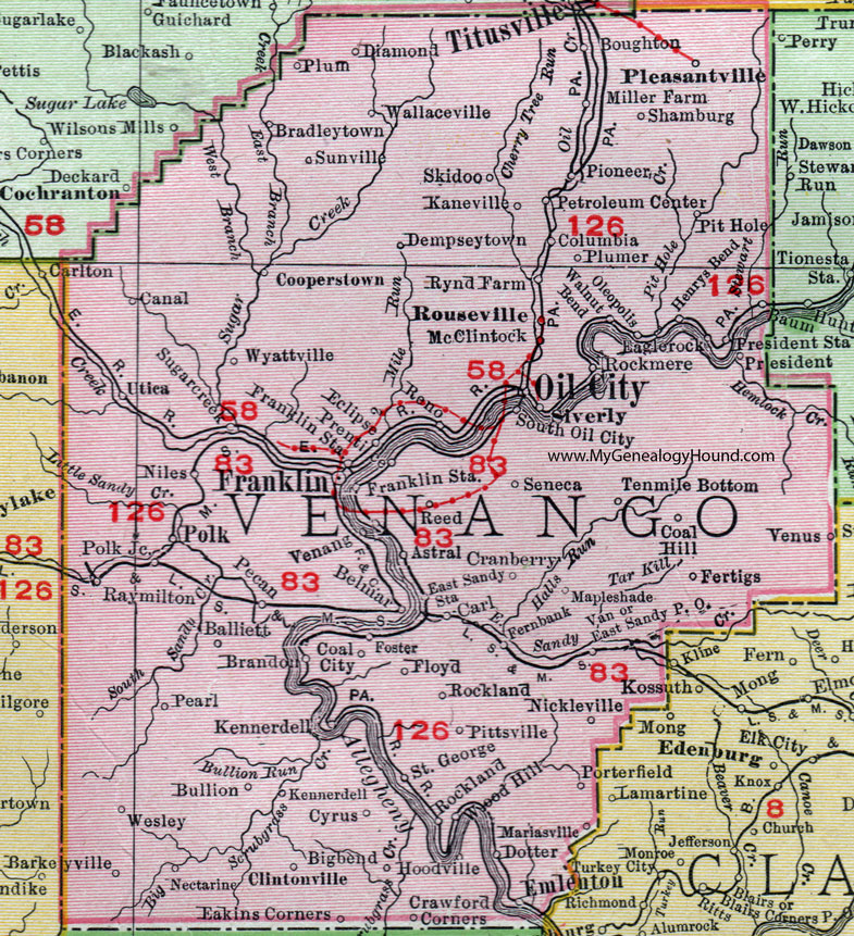 Venango County, Pennsylvania 1911 Map by Rand McNally, Franklin, Oil City, Emlenton, Pleasantville, Utica, Rouseville, Polk, Reno, Kennerdell, Clintonville, Cooperstown, Cranberry, Seneca, PA