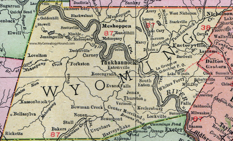 Wyoming County, Pennsylvania 1911 Map by Rand McNally, Tunkhannock, Meshoppen, Factoryville, Nicholson, Lake Winola, Mehoopany, Noxen, Falls, Keelersburg, Vernon, Jenks, Rosengrant, Carney, Bellasylva, PA