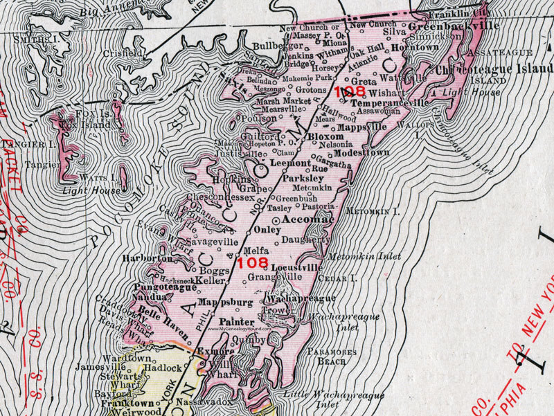 Accomack County, Virginia, Map, 1911, Rand McNally, Onley, Onancock, Wachapreague, Accomac, Parksley, Chincoteague, Bloxom, Leemont, Mappsburg, Modesttown, Horntown, Greenbackville, Pungoteague, Saxis