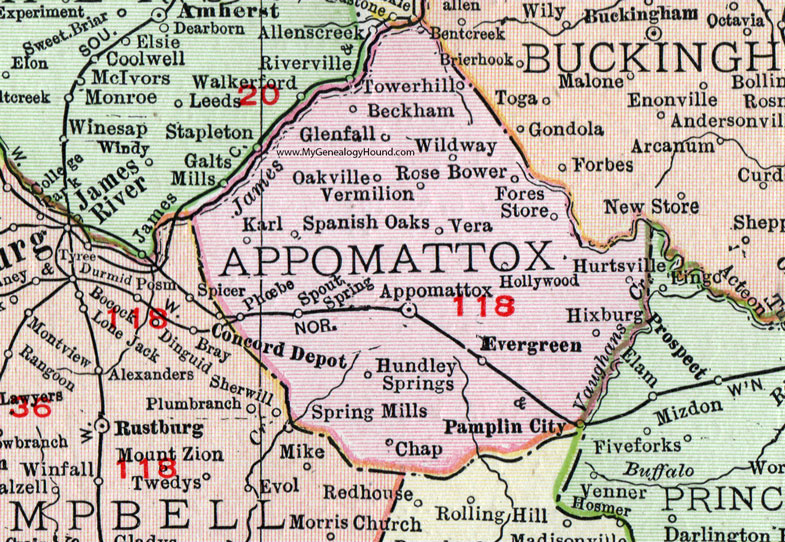 Appomattox County, Virginia, Map, 1911, Rand McNally, Evergreen, Pamplin City, Hundley Springs, Hollywood, Hixburg, Hurtsville, Spanish Oaks, Vermilion, Rose Bower, Wildway, Beckham, Oakville, Spout Spring, Glenfall
