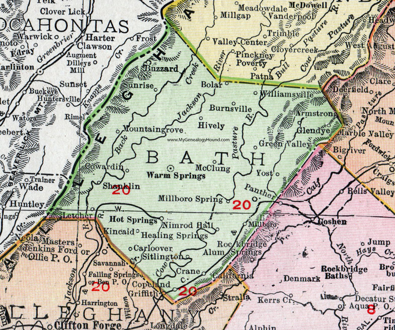 Bath County, Virginia, Map, 1911, Rand McNally, Warm Springs, Millboro, Hot Springs, Carloover, McClung, Glendye, Buzzard, Cowardin, Shanklin, Millboro Spring, Healing Springs, Sitlington, Copeland, Hively