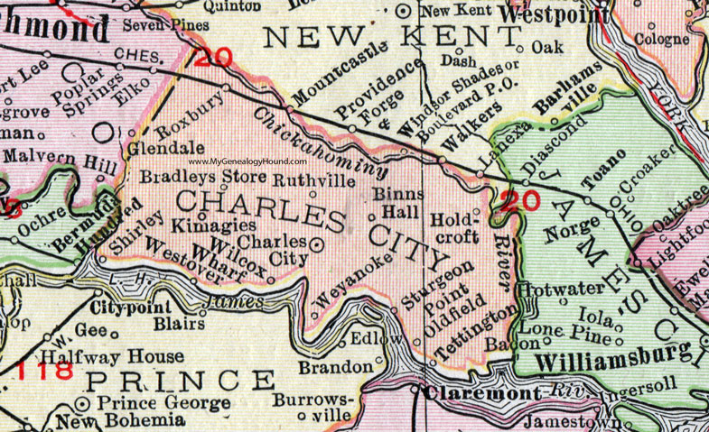 Charles City County, Virginia, Map, 1911, Rand McNally, Ruthville, Kimagies, Bradleys Store, Roxbury, Binns Hall, Holdcroft, Sturgeon Point, Oldfield, Tettington, Weyanoke, Shirley, Westover, Wilcox Wharf