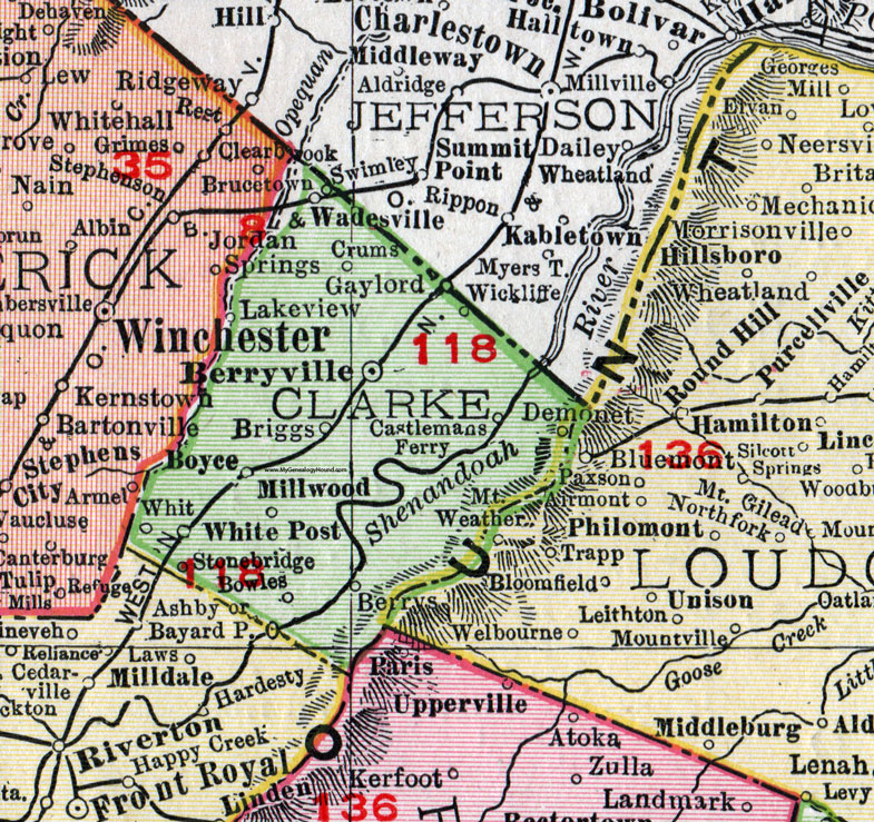 Clarke County, Virginia, Map, 1911, Rand McNally, Berryville, Boyce, Briggs, Bowles, Stonebridge, White Post, Whit, Demonet, Berrys, Castlemans Ferry, Crums, Swimley, Wadesville 