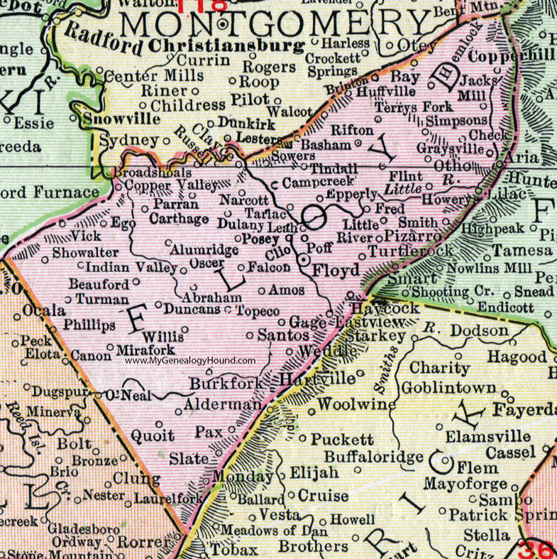 Floyd County, Virginia, Map, 1911, Rand McNally, Topeco, Falcon, Narcott, Jacks Mill, Quoit, Weddle, Epperly, Tarlac, Posey, Carthage, Showalter, Mirafork, Huffville, Pizarro