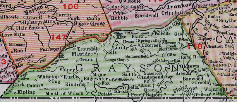 Grayson County, Virginia, Map, 1911, Rand McNally, Independence, Baywood, Wards Mill, Oradell, Summerfield, Shamrock, Ancella, Kindrick, Troutdale, Fallville, Collins Mill, Dalhart, Wainright, Higgins, Finley