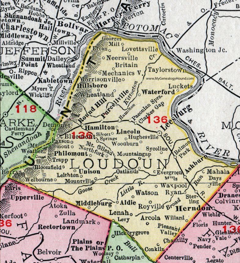 Loudoun County, Virginia, Map, 1911, Rand McNally, Leesburg, Sterling, Purcellville, Middleburg, Evergreen Mills, Philomont, Unison, Hamilton, Round Hill, Hillsboro, Waterford, Lincoln, Aldie, Arcola, Lenah, Sycoline