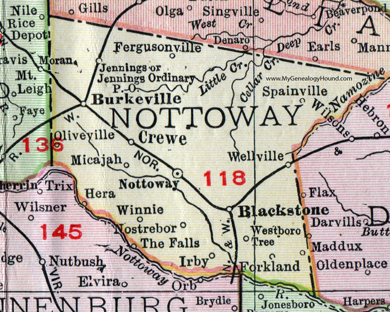 Nottoway County, Virginia, Map, 1911, Rand McNally, Burkeville, Blackstone, Crewe, Jennings, Fergusonville, Spainville, Wellville, Oliveville, Micajah, Nostrebor, Irby, Forkland, Hera, Winnie, The Falls, Maddux
