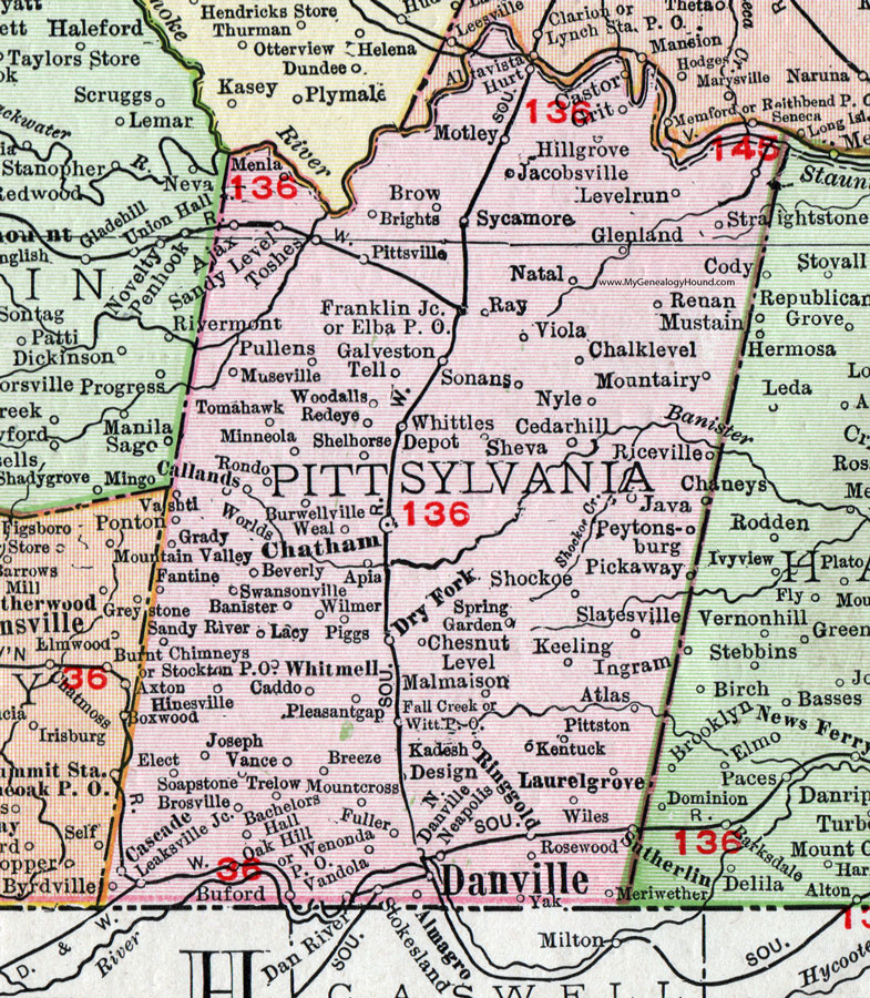 Pittsylvania County, Virginia, Map, 1911, Rand McNally, Chatham, Danville, Ringold, Dry Fork, Almagro, Whitmell, Mount Airy, Caddo, Kadesh, Neapolis, Trelow, Cascade, Callands, Shockoe, Malmaison, Stokesland, Dan River