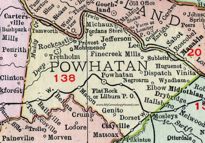 Powhatan County, Virginia, Map, 1911, Rand McNally, Michaux, Huguenot, Fine Creek Mills, Belona, Genito, Dorset, Wyndham, Subletts, Mohemenco, Provost, Jordans Store, Jefferson, Ballsville, Tobaccoville, Clayville