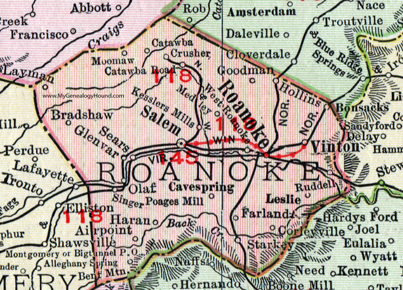 Roanoke County, Virginia, Map, 1911, Rand McNally, Salem, Vinton, Cave Spring, Kesslers Mills, Poages Mill, Moomaw, Catawba, Goodman, West Roanoke, Glenvar, Haran, Airpoint, Corleyville, Ruddell, Starkey