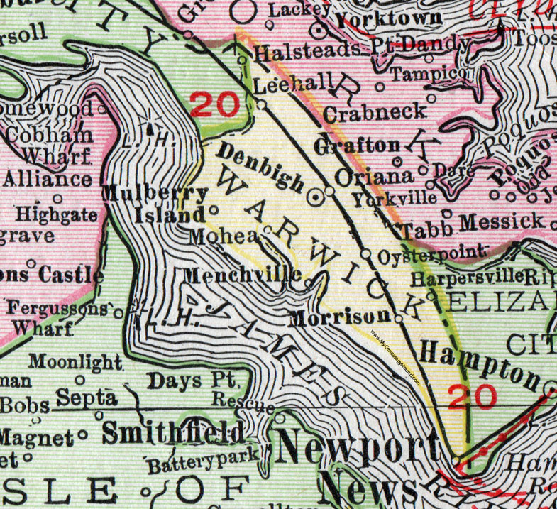 Warwick County, Virginia, Map, 1911, Rand McNally, Newport News, Denbigh, Morrison, Menchville, Mulberry Island, Mohea, Lee Hall, Oyster Point, Harpersville