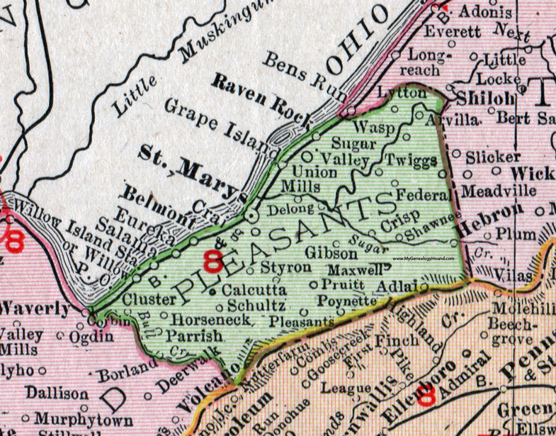 Pleasants County, West Virginia 1911 Map by Rand McNally, St. Marys, Belmont, Eureka, Schultz, Raven Rock, Hebron, Calcutta, Pruitt, Poynette, Adlai, Crisp, Arvilla, Salama, Styron, WV Pleasants County, West Virginia 1911 Map by Rand McNally, St. Marys, Belmont, Eureka, Schultz, Raven Rock, Hebron, Calcutta, Pruitt, Poynette, Adlai, Crisp, Arvilla, Salama, Styron, WV