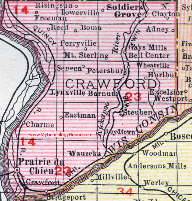 Crawford County, Wisconsin, map, 1912, Prairie du Chien, Soldiers Grove, Mt. Sterling, Ferryville, Seneca, Lynxville, Eastman, Bridgeport, Wauzeka, Rising Sun, Steuben, Boydtown, Petersburg, North Clayton, Hurlburt