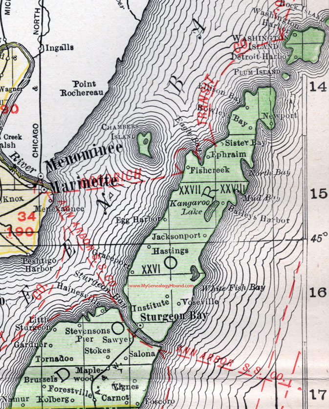 Door County, Wisconsin, map, 1912, Sturgeon Bay, Forestville, Maplewood, Brussels, Institute, Jacksonport, Egg Harbor, Baileys Harbor, Ephraim, Sister Bay, Ellison Bay, Detroit Harbor, Fish Creek, Little Sturgeon