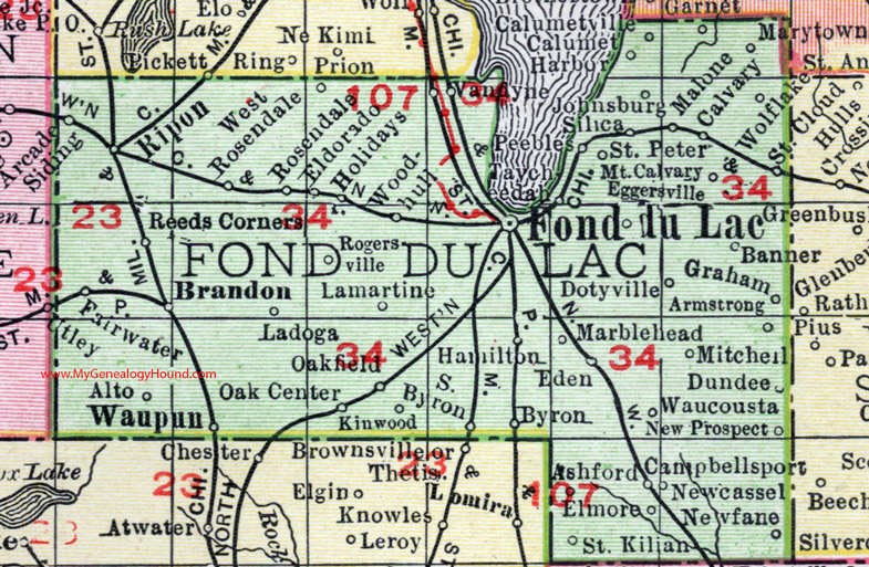 Fond du Lac County, Wisconsin, map, 1912, Fond du Lac City, Ripon, Brandon, Waupun, Van Dyne, Malone, Eden, Campbellsport, Byron, Oakfield, Fairwater, Rosendale, St. Cloud, Ladoga, Arcade