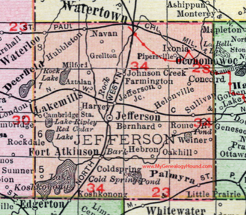 Jefferson County, Wisconsin, map, 1912, Watertown, Waterloo, Lake Mills, Fort Atkinson, Jefferson City, Palmyra, Hebron, Helenville, Sullivan, Concord, Ixonia, Pipersville, Hubbleton, Milford, Aztalan, Rome, Weiner