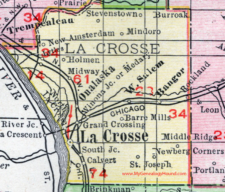 La Crosse County, Wisconsin, map, 1912, La Crosse City, Onalaska, Bangor, West Salem, Holmen, Mindoro, Stevenstown, New Amsterdam, Burr Oak, Barre Mills, St. Joseph, Calvert, Rockland, Stevenstown, Newberg Corners