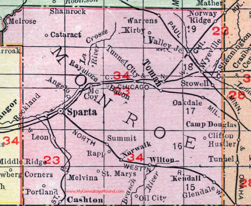 Monroe County, Wisconsin, map, 1912, Sparta, Tomah, Cashton, Kendall, Cataract, Tunnel City, Wyeville, McCoy, Wilton, Norwalk, Kendall, Melvina, Leon, Oakdale, Clifton