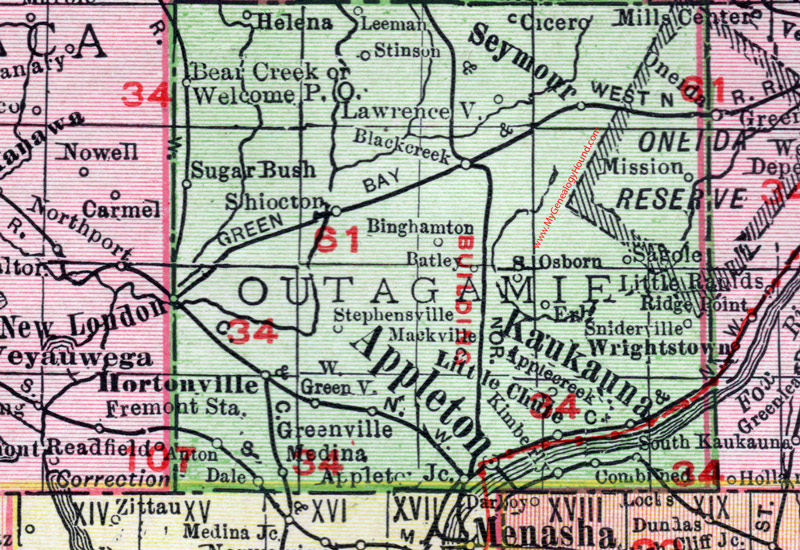 Outagamie County, Wisconsin, map, 1912, Appleton, Kaukauna, New London, Hortonville, Shiocton, Black Creek, Medina, Little Chute, Kimberly, Combined Locks, Mackville, Greenville, Seymour, Stinson, Anton, Cicero