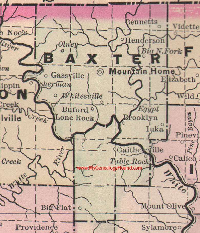 Baxter County, Arkansas Map 1889 Mountain Home, Gassville, Olney, Henderson, Whitesville, Buford, Egypt, Iuka, Brooklyn, AR