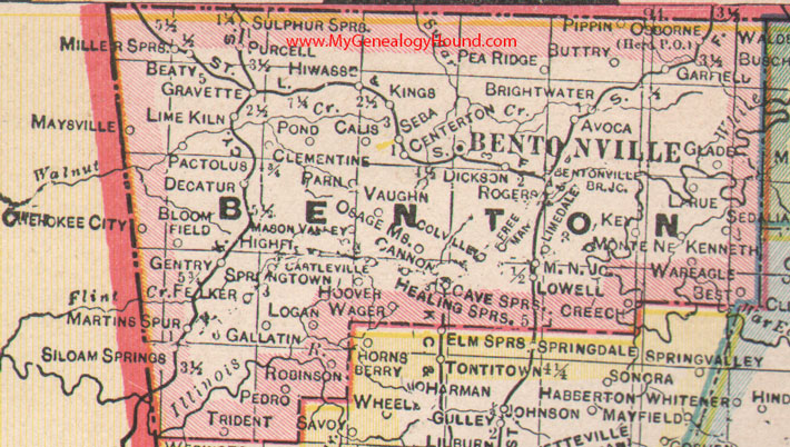 Benton County, Arkansas 1922 Map Bentonville, Rogers, Siloam Springs, Pea Ridge, Sulphur Springs, Gravette, Lowell, Cave Springs, AR