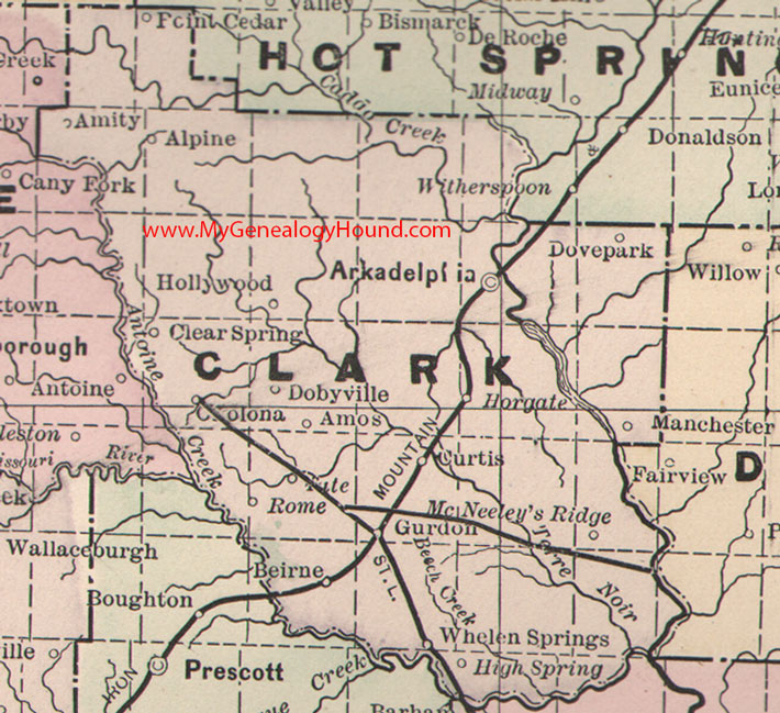 Clark County, Arkansas Map 1889 Arkadelphia, Hollywood, Dobyville, Amos, Okolona, Rome, Gurdon, Beirne, Curtis, Horgate, Whelan Springs, AR