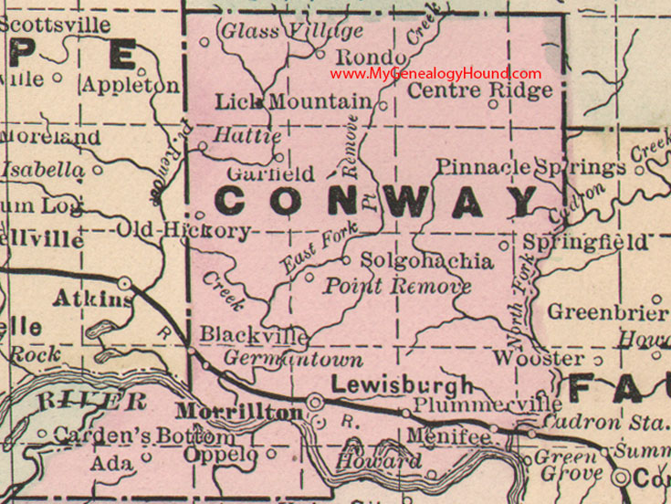 Conway County, Arkansas Map 1889 Morrillton, Lewisburgh, Rondo, Garfield, Menifee, Ada, Oppelo, Germantown, AR