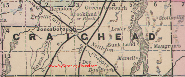 Craighead County, Arkansas Map 1889 Jonesborough Mamell, Lester, Dee, Brookland, Erbville, Greensborough, AR