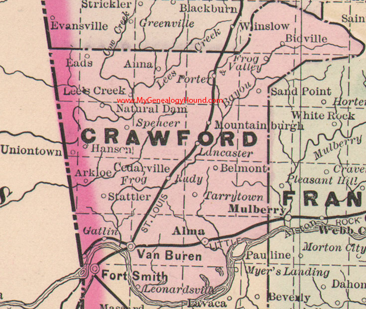 Crawford County, Arkansas Map 1889 Van Buren, Alma, Mountainburgh, Rudy, Uniontown, Cedarville, Eads, AR