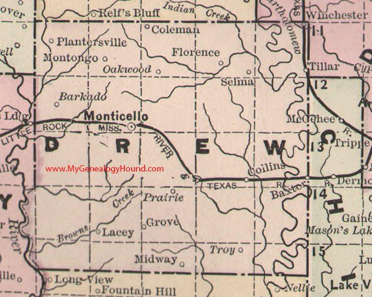 Drew County, Arkansas Map 1889 Monticello, Winchester, Coleman, Lacey, Collins, Baxter, Montongo, Selma, AR