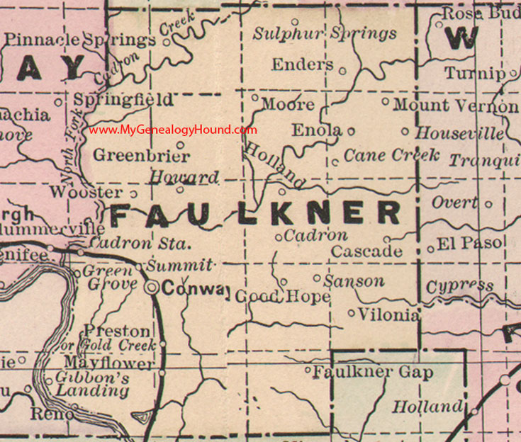 Faulkner County, Arkansas Map 1889 Conway, Greenbrier, Cadron Station, Mayflower, Preston,  Sanson, Moore, Enders, AR