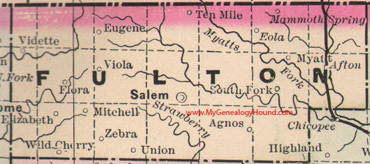 Fulton County, Arkansas Map 1889 Salem, Mammoth Spring, Viola, Vidette, Mitchell, Agnos, Zebra, Myatt, Eola, Afton, AR
