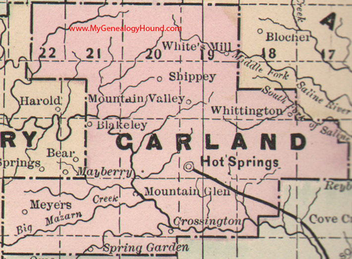 Garland County, Arkansas Map 1889 Hot Springs, Mountain Valley, Shippey, Whittington, Blakeley, Meyers, Crossington, Spring Garden, AR
