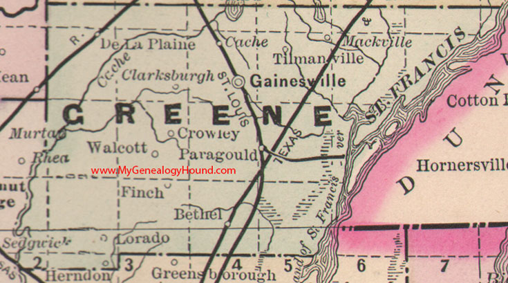 Greene County, Arkansas Map 1889 Gainesville, Paragould, Crowley, Walcott, Finch, Lorado, Bethel, Tilmanville, AR 