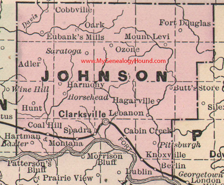 Johnson County, Arkansas Map 1889 Clarksville, Knoxville, Coal Hill, Hartman, Adler, Saratoga, Pittsburgh, Hartman, AR