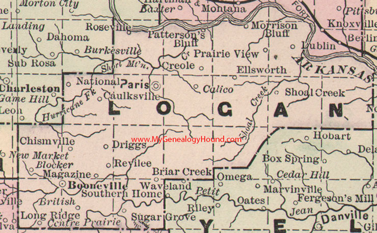 Logan County, Arkansas Map 1889 Paris, Booneville, Magazine, Ellsworth, Driggs, Creole, Chismville, AR