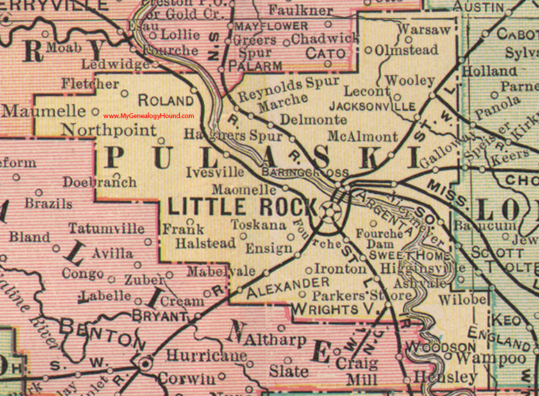 Pulasi County, Arkansas 1898 Map Little Rock, Maumelle, Jacksonville, Wooley, Toskana, AR