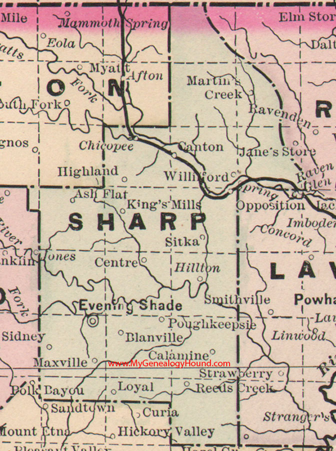 Sharp County, Arkansas Map 1889 Evening Shade, Ash Flat, Sidney, Sitka, Canton, Williford, Maxville, Calamine, Poughkeepsie, AR