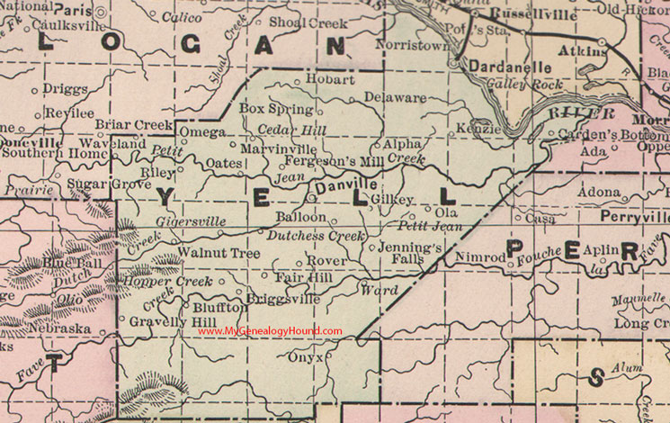 Yell County, Arkansas Map 1889 Danville, Dardanelle, Petit Jean, Hobart, Kenzie, Gilkey, Southern Home, Ola, Ward, Bluffton, Briggsville, AR